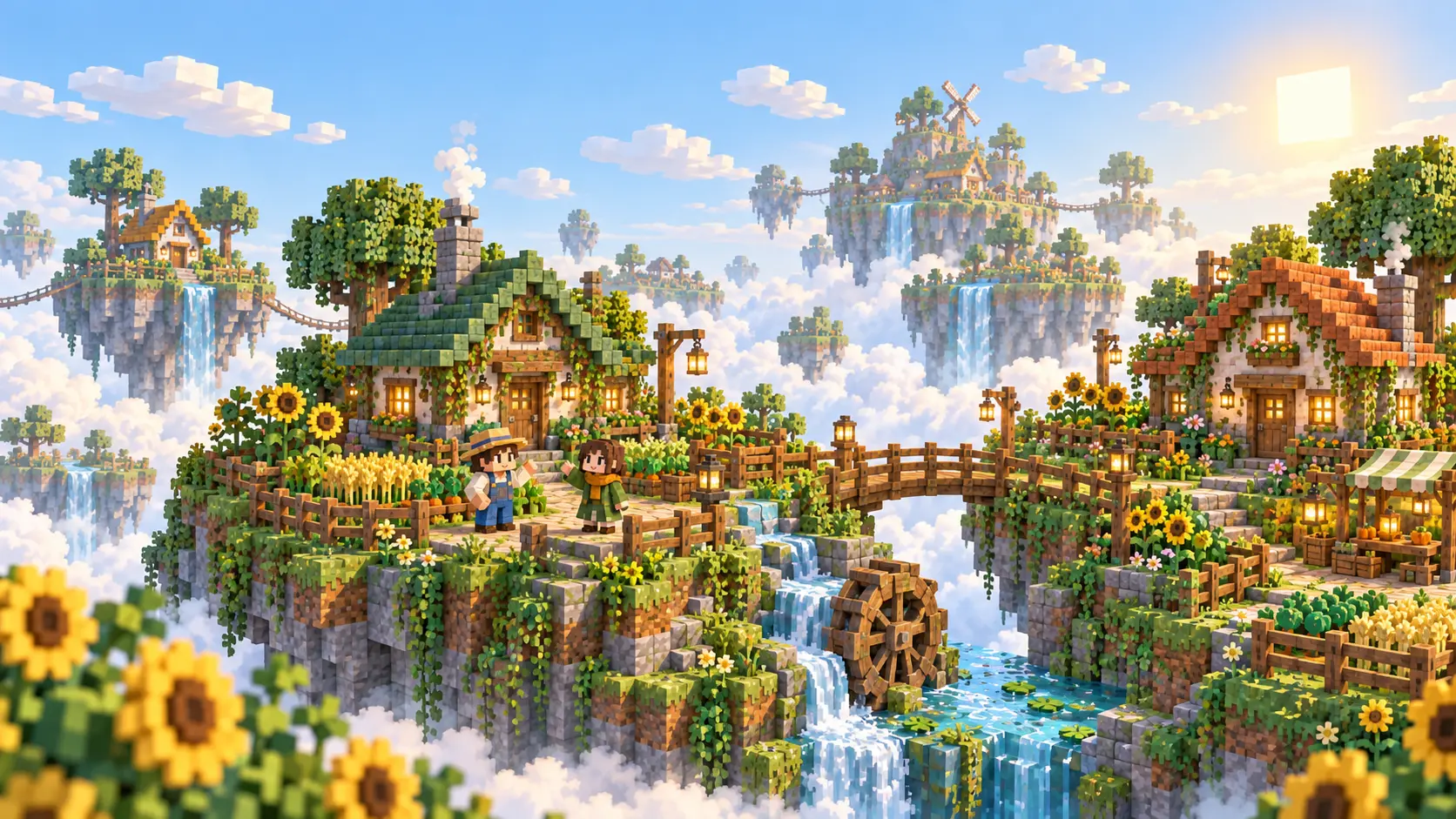 رسم لقرية Lucy Valley بمزرعة صغيرة ونهر وبيوت خشبية تحت أشعة الشمس